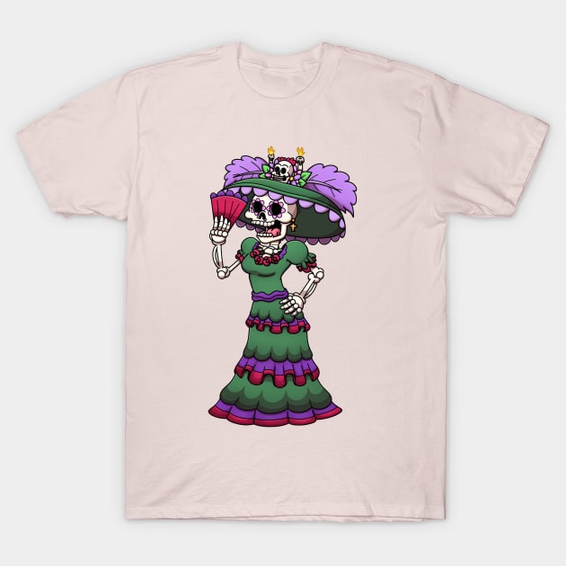 Mexican Catrina With Hand Fan T-Shirt by TheMaskedTooner